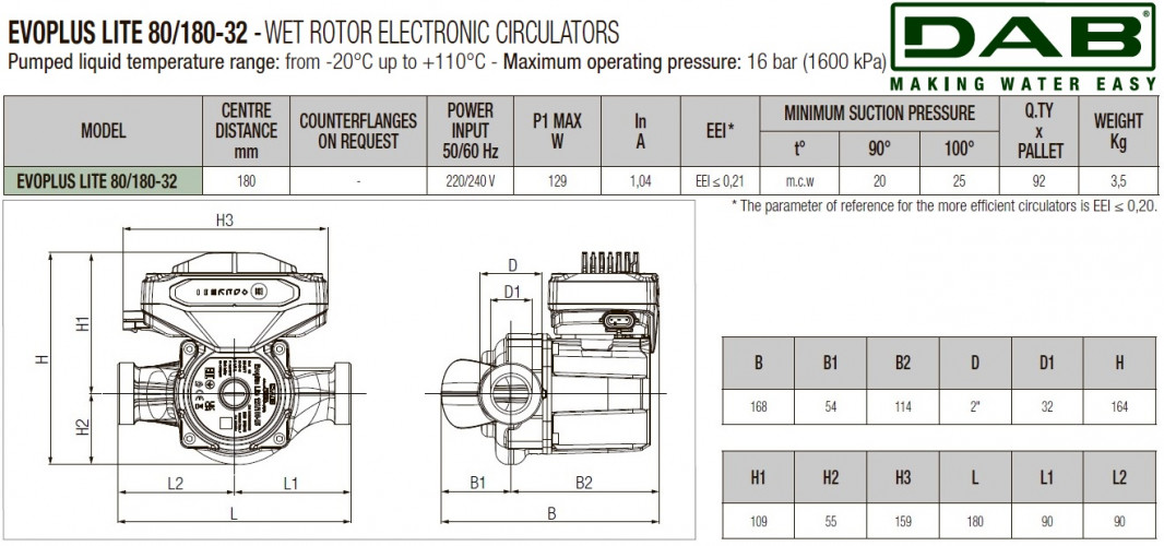 Pompa obiegowa DAB EVOPLUS Lite 80/180-32 ze sterowaniem elektronicznym, 60218207