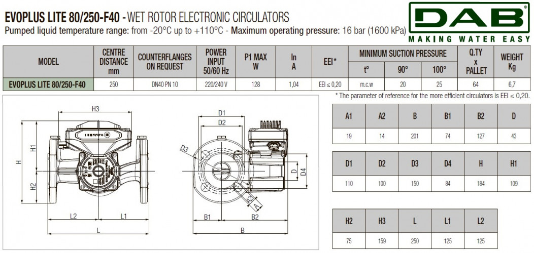 Pompa obiegowa DAB EVOPLUS Lite 80/250-F40 ze sterowaniem elektronicznym, 60218213