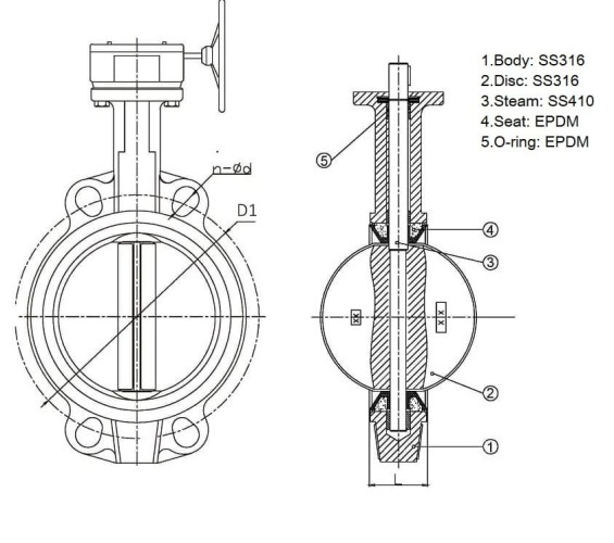 PN16 DN150 Zawór motylkowy, korpus i dysk ze stali nierdzewnej AISI 316, Seat EPDM