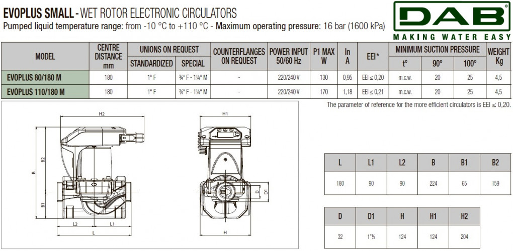 Pompa obiegowa DAB EVOPLUS mała 110/180 (1") 1x220-240 Y25 ze sterowaniem elektronicznym, 60231354