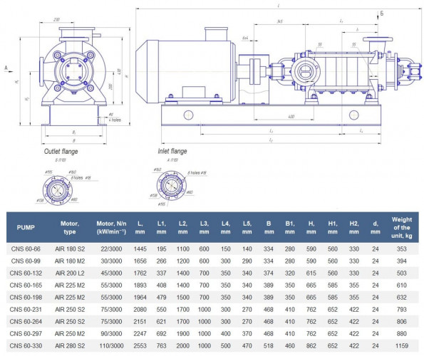 Pompa sekcyjna na ramie CNS(g) 60-330 z silnikiem 110 kW, 3000 obr./min.