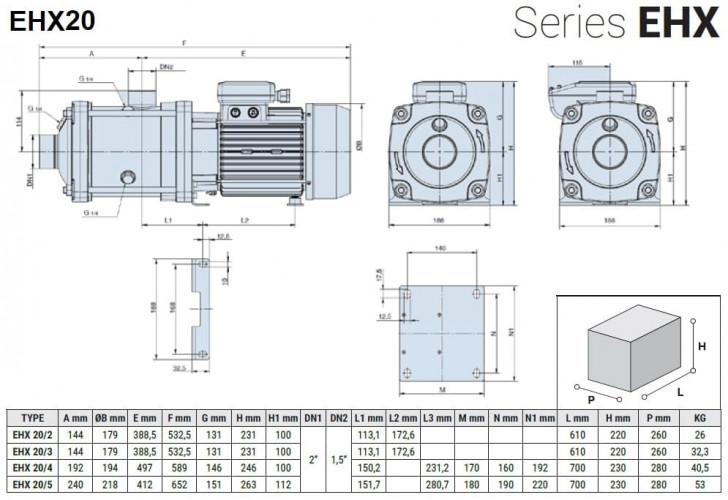 Pompa wielostopniowa pozioma EHX 20/4, 4 kW, 30 m3/h, 63m, 380V/T, AISI 304 (EBARA MATRIX)