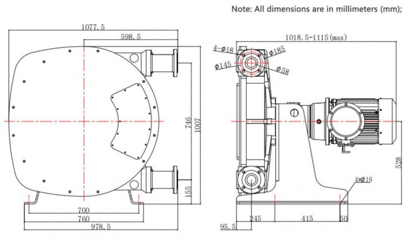 Przemysłowa pompa wężowa JXHIN-65-CI+SS-EPDM-P, 18 m3/h, 5,5 kW, 16 bar, 380V