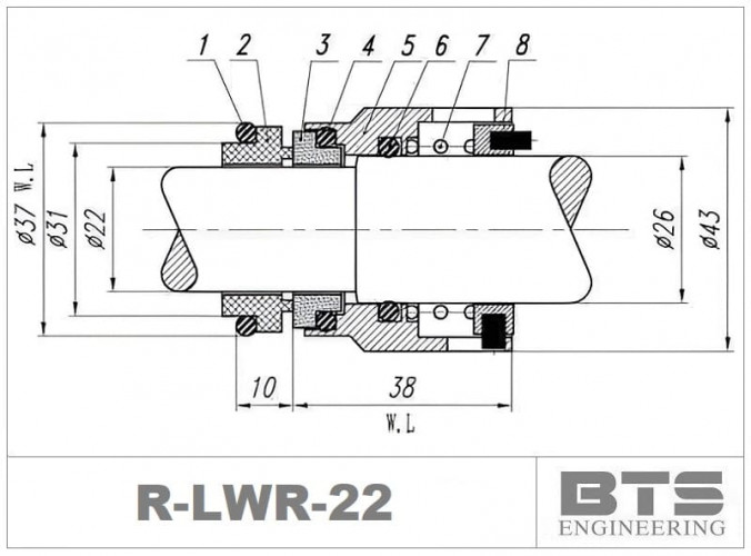 Uszczelnienie mechaniczne wału pompy Lowara R-LWR 22, SIC/TC, VITON, 316
