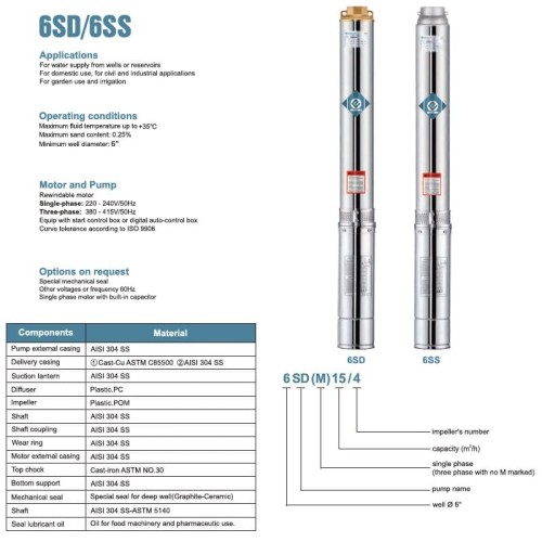Pompa głębinowa 6SS15/5, Wyjście: 3 cale, 3kW, 380V