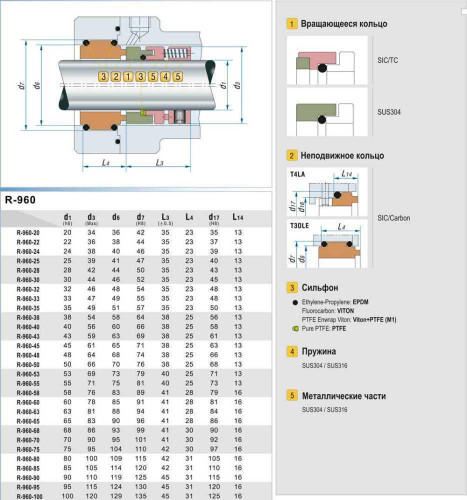Uszczelnienie pompy R-960 25, SIC/SIC, VITON, 304, T30LE