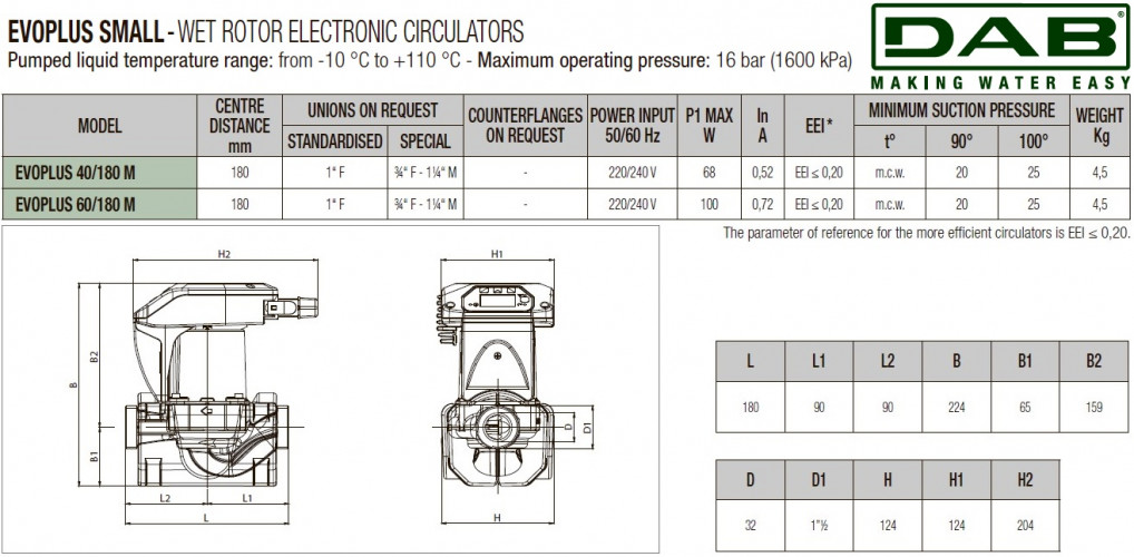 Pompa obiegowa DAB EVOPLUS mała 40/180 (1") 1x220-240 Y25 ze sterowaniem elektronicznym, 60231351