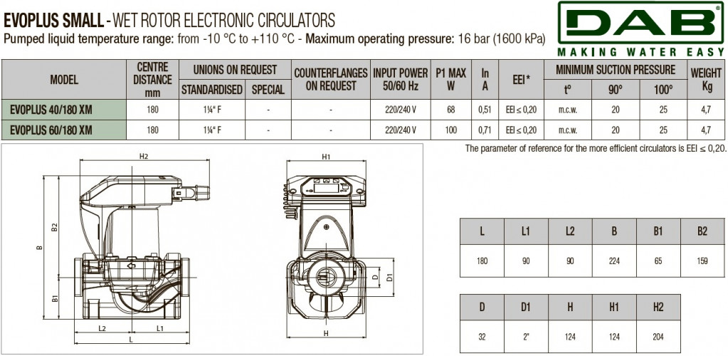 Pompa obiegowa DAB EVOPLUS mała 40/180 (1"1/4) 1x220-240 Y25 ze sterowaniem elektronicznym, 60231355