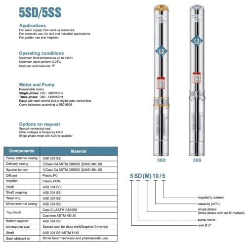 Pompa głębinowa 5SS10/17, Wyjście: 2 cale, 5,5kW, 380V