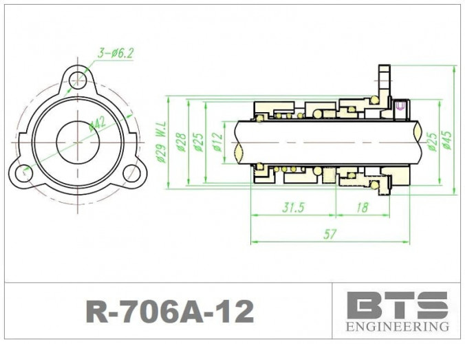 Uszczelnienie mechaniczne wału pompy Grundfos, typ kasetowe R-706A 12, SIC/SIC, EPDM, 304