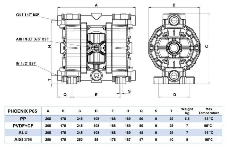 Pneumatyczna pompa membranowa PHOENIX 65-PP 1/2, P65-PHTTPT