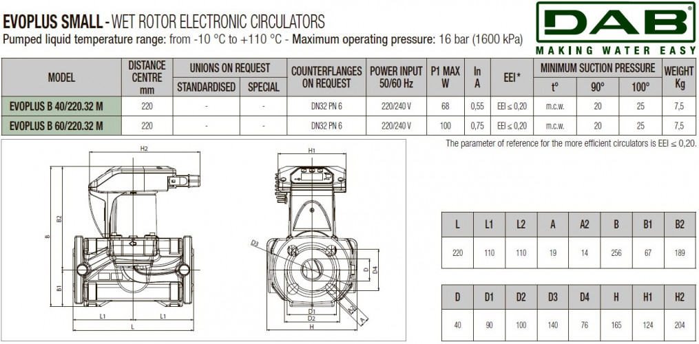 Pompa obiegowa DAB EVOPLUS small 60/220 32 1x220-240 Y25 ze sterowaniem elektronicznym, 60231360