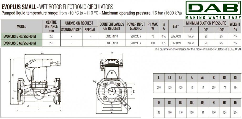 Pompa obiegowa DAB EVOPLUS small 60/250 40 1x220-240 Y25 ze sterowaniem elektronicznym, 60220934