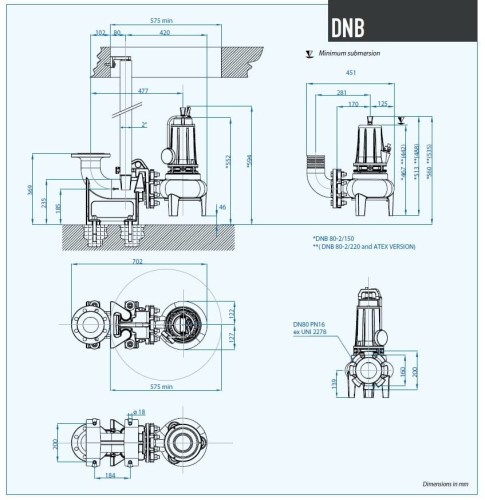 Pompa ściekowa Dreno DNB 80-2/220-1 T z dwukanałowym wirnikiem w kształcie litery S