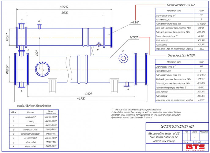 Płaszczowo-rurowy rekuperacyjny wymiennik ciepła dla kolumny destylacyjnej W1.101+W1.102, 160m2+50m2