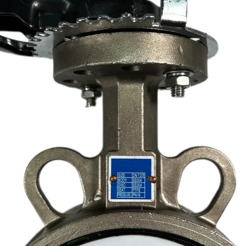 PN16 DN125 Zawór Motylkowy, korpus i tarcza wykonane ze stali nierdzewnej AISI 304, gniazdo PTFE