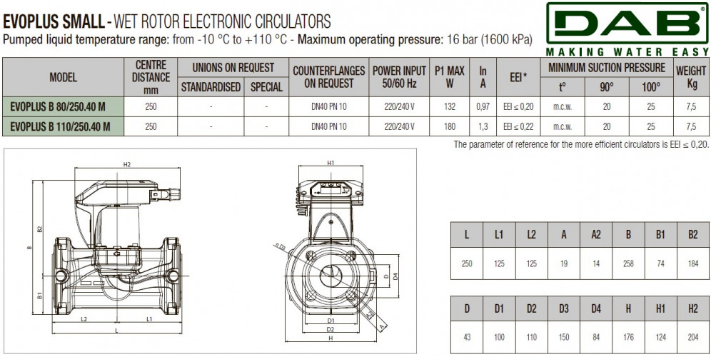 Pompa obiegowa DAB EVOPLUS mała 80/250 40 1x220-240 Y25 ze sterowaniem elektronicznym, 60231365