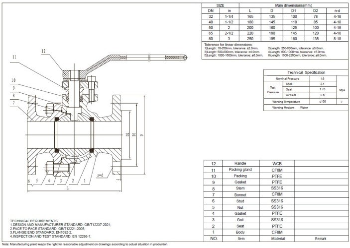 PN16 DN40 Zawór kulowy ze stali nierdzewnej AISI 316, gniazdo PTFE