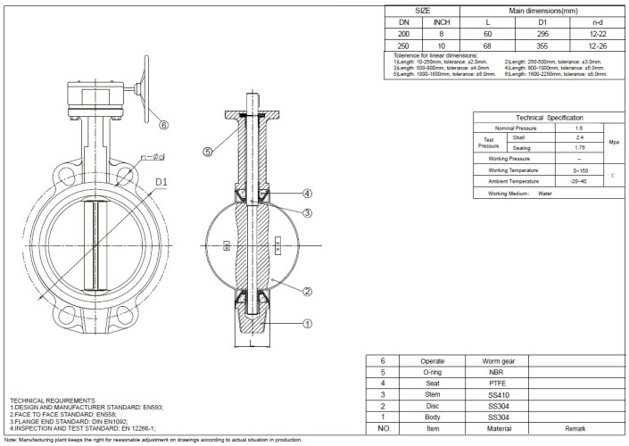 PN16 DN250 Zawór Motylkowy, korpus i tarcza wykonane ze stali nierdzewnej AISI 304, gniazdo PTFE
