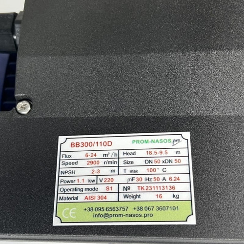 Pompa odśrodkowa BB300/110D, AISI304, 220V/50Hz, 2900