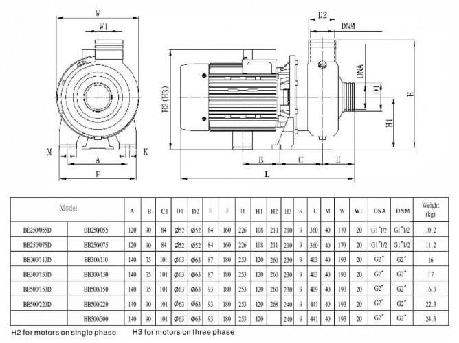 Odśrodkowa pompa wodna BB500/220, AISI304, 380V/50Hz, 2900