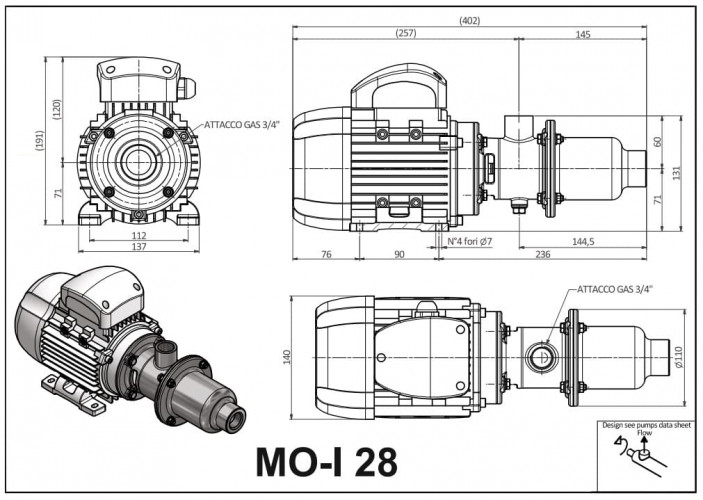 Pompa śrubowa ze stali nierdzewnej do cieczy chemicznych z cząstkami stałymi LIVERANI MO-I 28 MF 0,25 kW, 1400 obr./min, 220 V