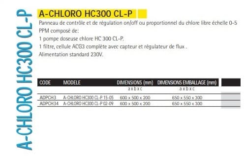 Panel systemowy Z On / Off lub proporcjonalną dawką chloru od 0-5.00 ppm. A-CHLORO HC300 CL-P