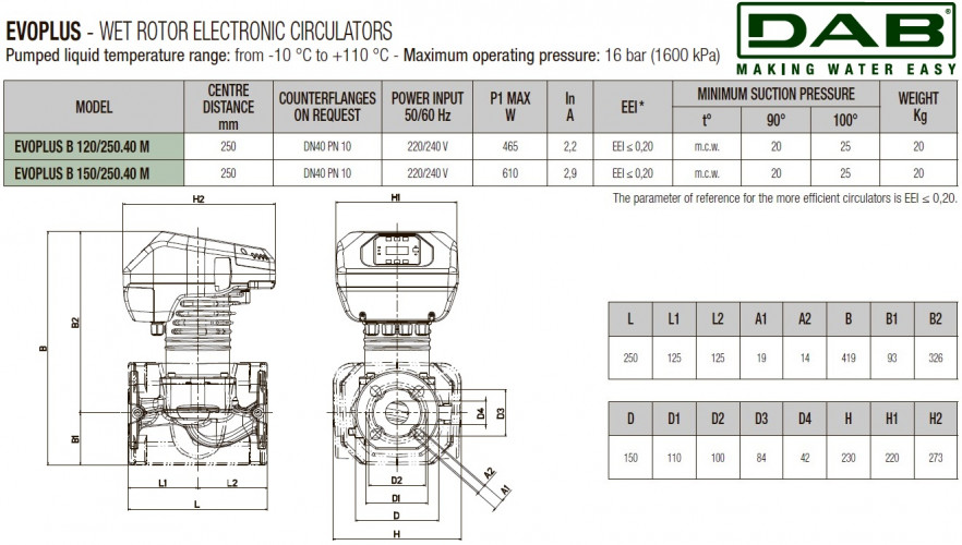 Pompa obiegowa DAB EVOPLUS 120/250 40 1x220-240 Y25 ze sterowaniem elektronicznym, 60220910