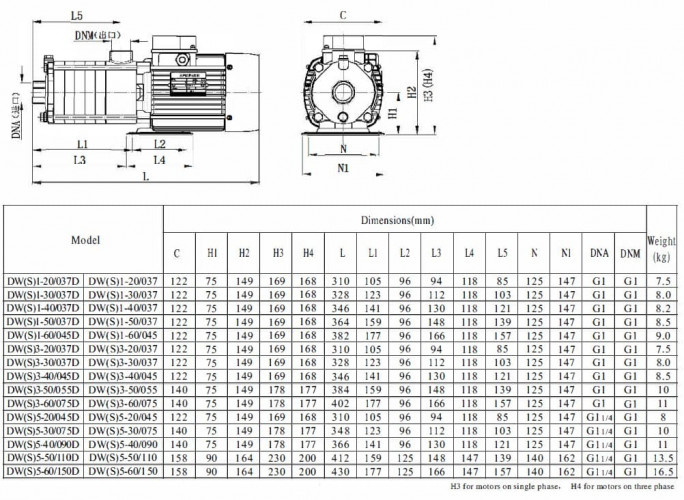 Pozioma pompa wysokociśnieniowa do ciepłej wody DW(S)5-60/110D, AISI304, 220V/50Hz