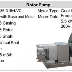 Pompa krzywkowa do cieczy lepkich LQ3A-36-316/4/VC, 3,8-7,6 m3/h, 0,3 MPa, 5,5 kW, 200-400 obr./min, 380 V, 50 Hz, AISI 316
