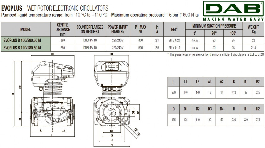 Pompa obiegowa DAB EVOPLUS 120/280 50 1x220-240 Y25 ze sterowaniem elektronicznym, 60220912