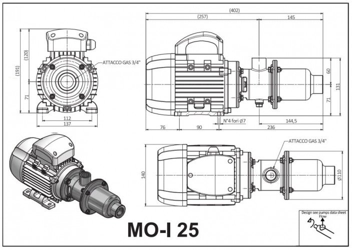 Pompa śrubowa ze stali nierdzewnej do cieczy z domieszkami stałymi LIVERANI MO-I 25/6 TF 0,18 kW, 900 obr./min, 380 V