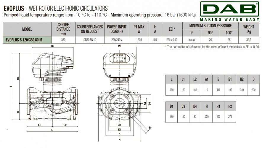 Pompa obiegowa DAB EVOPLUS 120/360 80 1x220-240 Y25 ze sterowaniem elektronicznym, 60220918