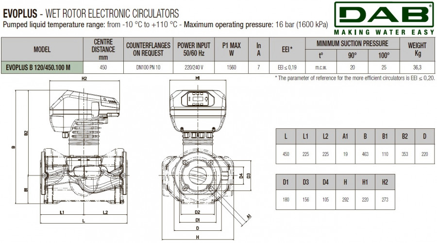 Pompa obiegowa DAB EVOPLUS 120/450 100 1x220-240 Y25 ze sterowaniem elektronicznym, 60220919