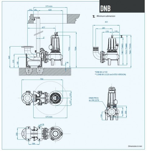 Pompa ściekowa Dreno DNB-EX 80-2/220-1 T z dwukanałowym wirnikiem w kształcie litery S
