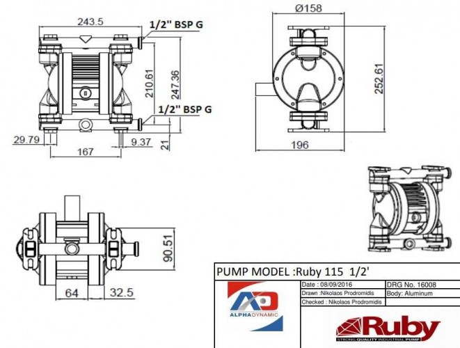 RUBY 115A-P-TAT-FT pompa membranowa pneumatyczny