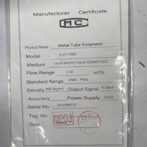 DN65 Przepływomierz ze stali nierdzewnej rotametr KLZZ PN6 (liquid alcohol mixture C2H5OH 25%), 1..10 m3/h, 4-20mA, Ex