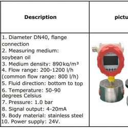 DN40 Przekładniowy przepływomierz ze stali nierdzewnej KGF40 do oleju sojowego 890 kg/m3, 50-90°C, 200-1200 l/h, 1 bar, 4-20mA, od dołu do góry