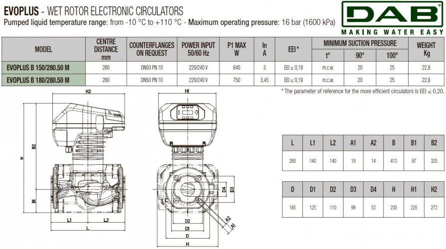 Pompa obiegowa DAB EVOPLUS 180/280 50 1x220-240 Y25 ze sterowaniem elektronicznym, 60220913