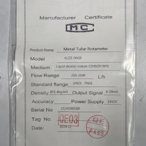 DN25 Przepływomierz rotametr ze stali nierdzewnej KLZZ PN16 (ciekła mieszanina alkoholi C2H5OH 96%), 250-2500 l/h, 4-20mA, Ex