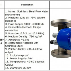DN65 Przepływomierz (rotametr) ze stali nierdzewnej KLZDN65-1/PN16 (22% olej, 78% rozpuszczalnik (heksan) 750 kg/m3, 40-60°C) 4000~40000 l/h, 4-20mA,