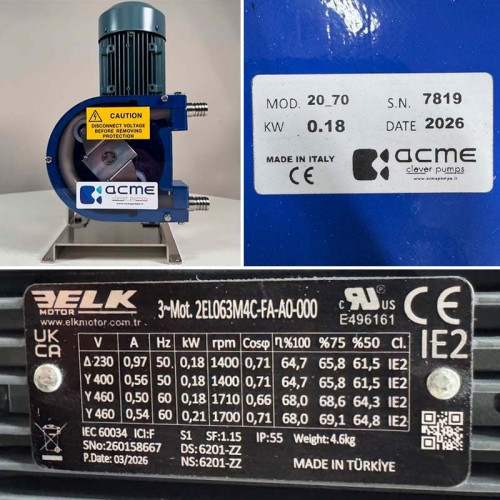 Pompa perystaltyczna do pompowania farb ACME Pompe AS 20 FX 453 l/h, 230/400V 50Hz, 0,18 kW, 70 obr./min - TPV, o stałej wydajności