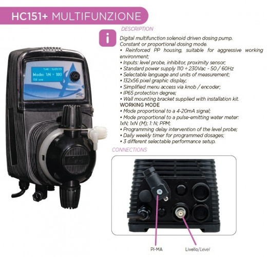 Pompa dozująca PDE HC151+ WIELOFUNKCYJNA M60 240V PVDF-CE-DT, 1-10 l/h, 7-1 bar