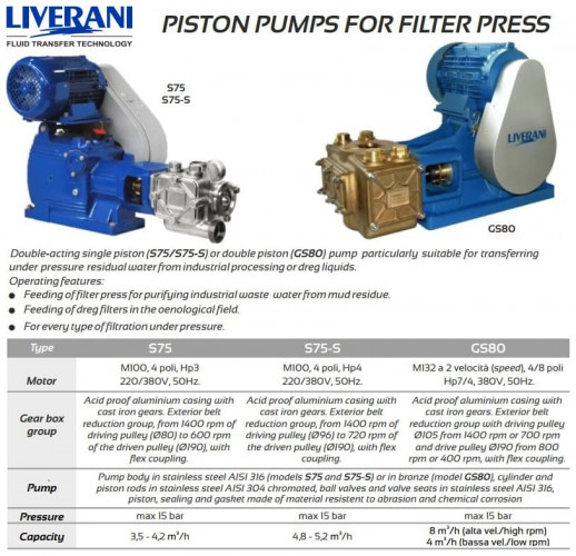 Pompa jednotłokowa dwustronnego działania POMPA S75 Inox AISI 316 4 m3/h do podawania osadu do filtracji w winiarstwie