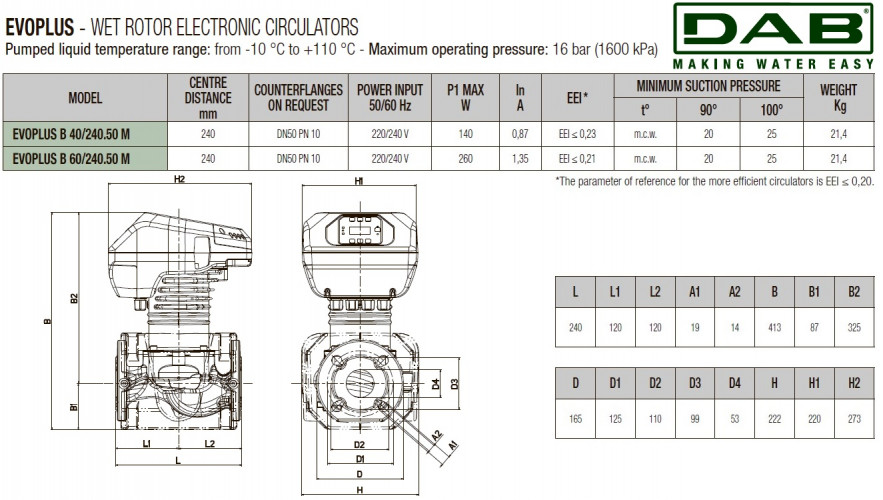 Pompa obiegowa DAB EVOPLUS 40/240 50 1x220-240 Y25 ze sterowaniem elektronicznym, 60231405