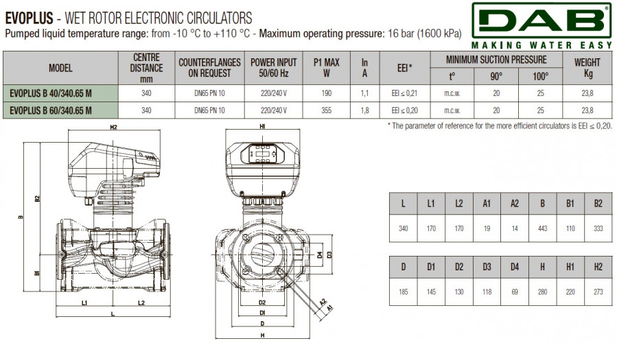 Pompa obiegowa DAB EVOPLUS 40/340 65 1x220-240 Y25 ze sterowaniem elektronicznym, 60231409