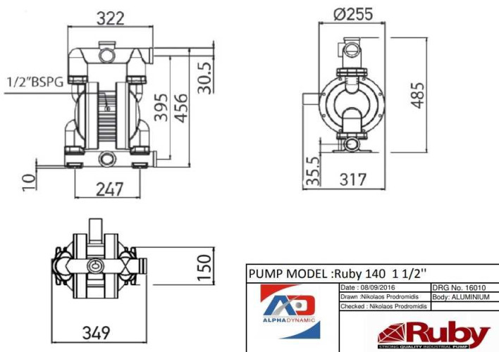 RUBY 140A-P-TAT-T pompa membranowa pneumatyczny