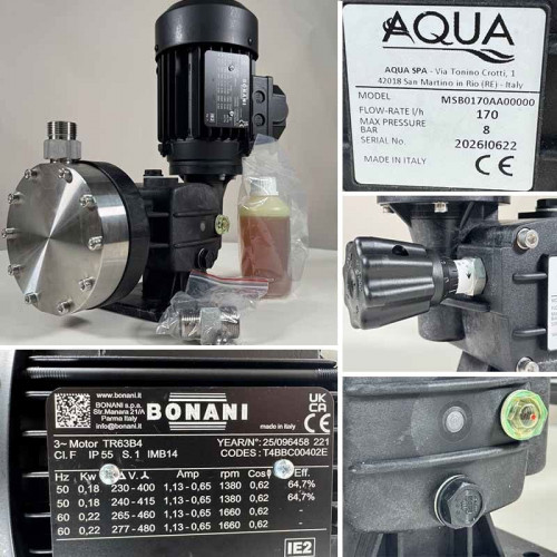 Pompa membranowa z silnikiem dozującym flokulant AQUA MSB, AISI 316L, 170 l/h, 8 bar, 0,18 kW, 380 V