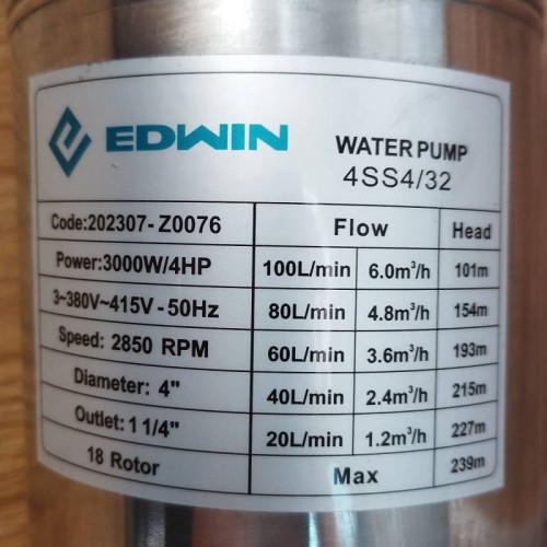 Pompa zatapialna do studni 4SS4/32, Wyjście: 1 1/4 cala, 3kW, 380V