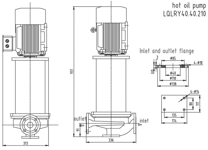 Pionowa pompa gorącego oleju LQLRY40-40-210/2-C, 6,3 m3/h, 50 m, 4 kW, 2900 obr/min, Ex